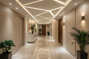 Obraz premium A long hallway with interesting ceiling lights and decor