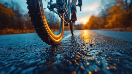 Sleek road bike tire on smooth asphalt, blurred cyclist in background, embodying speed and efficiency.
