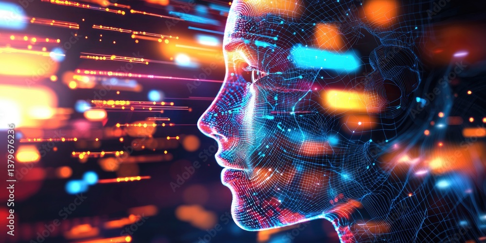 Aufkleber A digital face, a canvas of swirling lines and glowing pixels, evokes the abstract nature of artificial intelligence, hinting at vast data streams or the intricate workin