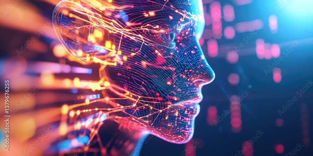 Aufkleber A digital face, a canvas of swirling lines and glowing pixels, evokes the abstract nature of artificial intelligence, hinting at vast data streams or the intricate workin
