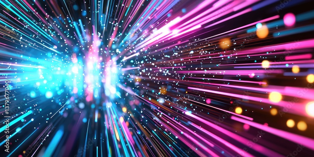 Poster A kaleidoscope of data streams and abstract geometric shapes, rendered in a motion blur effect, reveals an intricate network of high-speed technology, its digital heart p