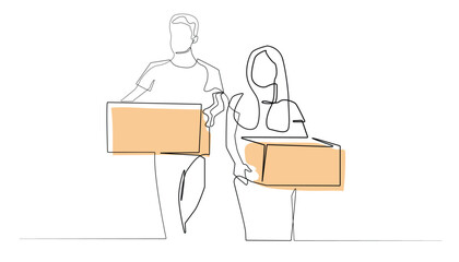 Continuous Line Drawing of Couple Moving Boxes on White Background