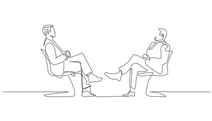 Continuous Line Drawing of Two Businessmen in Conversation, Isolated on White