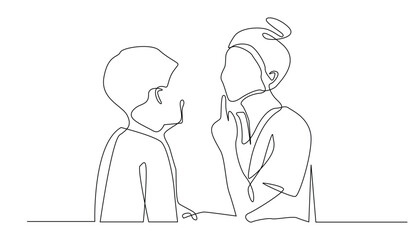 Continuous Line Drawing of Woman Talking to a Boy Isolated on White