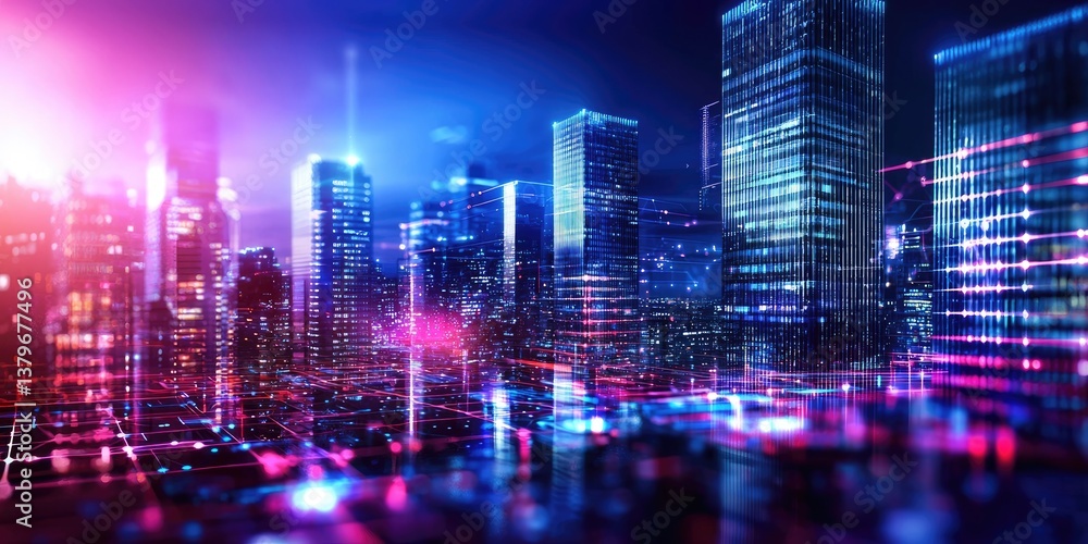 Poster a futuristic cityscape, where sleek, digital interfaces intertwine with towering skyscrapers, signif