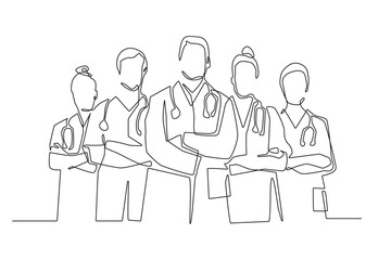 Medical Team Continuous Line Drawing on White Background.