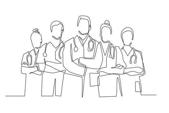 Medical Team Continuous Line Drawing on White Background.