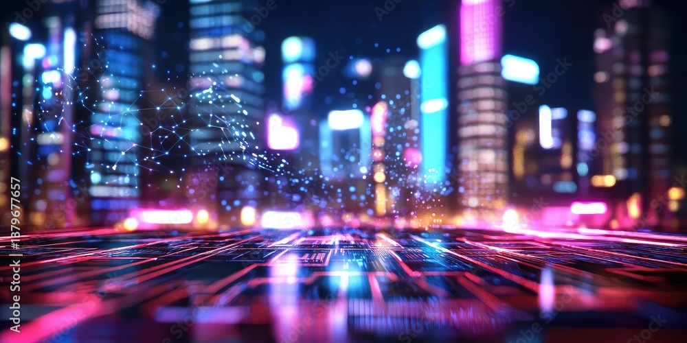 Leinwandbilder A digital hologram, pulsating with the energy of 5G networks, intertwined with the intricate web of the internet of things, illuminating a futuristic cityscape.