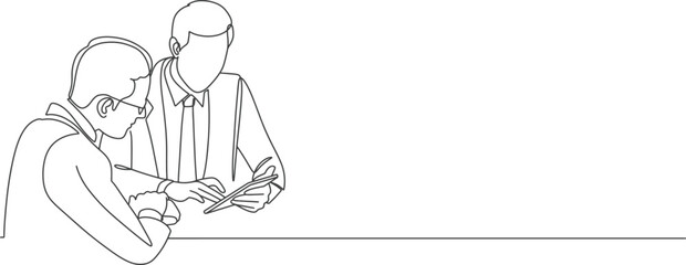 Continuous Line Drawing: Two Businessmen Discussing Project on Tablet.