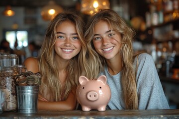 Obraz premium Twins smile with piggy bank in a cozy café. Savings and happy vibes abound