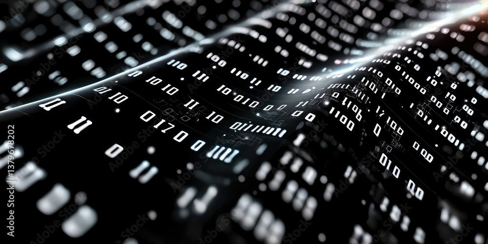 Leinwandbilder A digital canvas of black and white, where intricate binary code patterns shimmer and flow, representing the silent language of data and security. The code whispers of th