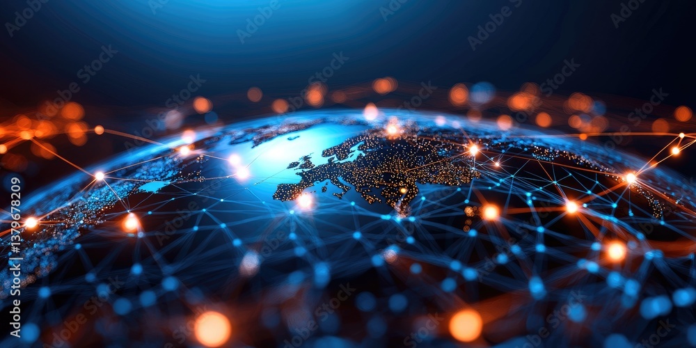 Poster A 3D rendering of Earth, where interconnected points represent a global network, symbolizing interconnectedness and global reach.