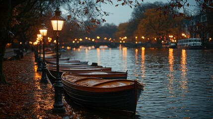 Autumn Canal Boats Under Dusk Light