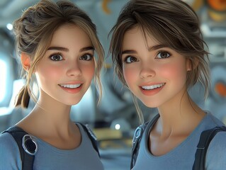 Two beautiful young women smiling, wearing blue clothing and grey background