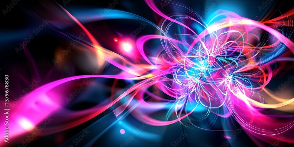 Poster A vibrant, geometric abstract background, featuring a pulsating plexus of interconnected lines and circles, evoking a sense of technological innovation and futuristic ene
