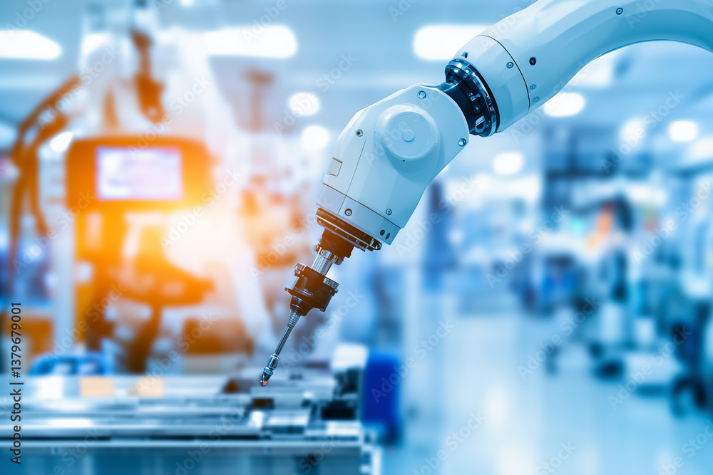Poster Robotic arm in clean, automated factory setting, showcasing precision and technology