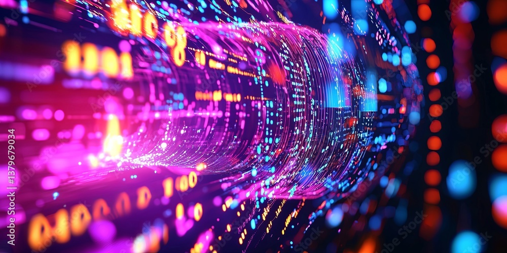 Poster In the ethereal realm of cyberspace, a vibrant data stream flows, connecting global databases and AI, as a neural network 3D illustration unfolds, visualizing the intrica