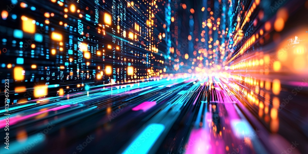 Fototapete In the ethereal realm of cyberspace, a vibrant data stream flows, connecting global databases and AI, as a neural network 3D illustration unfolds, visualizing the intrica