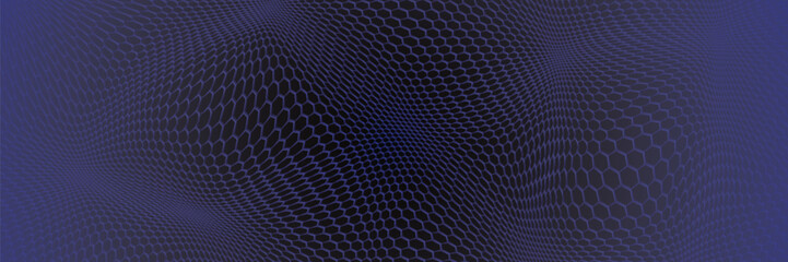 Dark grey abstract wide horizontal banner with hexagon carbon fiber grid and orange luminous lines. Technology vector background with orange neon lines