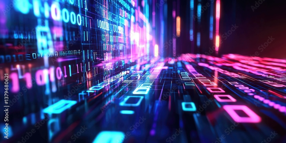 Aufkleber A 3D rendering of a digital binary code matrix, a network of interconnected nodes glowing in vibrant shades of blue and purple, representing the complexity and data flood