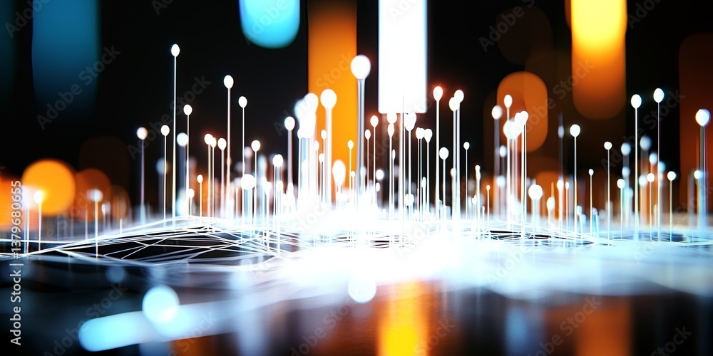 Poster A digital metropolis, where white lines and pulsating dots formed a dynamic cityscape, hinting at a futuristic world where technology intertwined with nature.