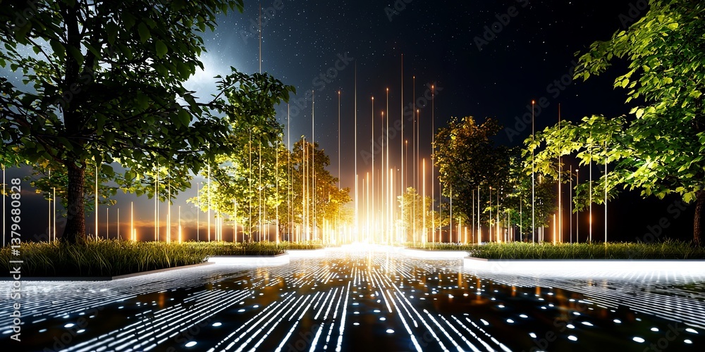 Poster A digital metropolis, where white lines and pulsating dots formed a dynamic cityscape, hinting at a futuristic world where technology intertwined with nature.