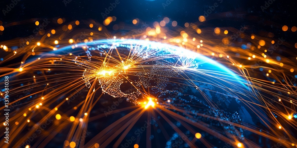 Poster A luminous tapestry of interconnected lines, weaving across continents and oceans, representing the intricate web of communication and global connection that binds our wo