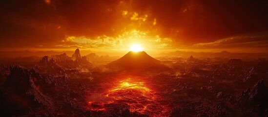 A volcanic eruption landscape with the sun setting behind mountains