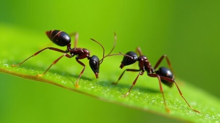 Two ants engaged in a territorial battle on a vibrant green leaf, detailed close-up view