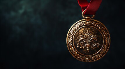 A golden medal is suspended from a red ribbon in darkness