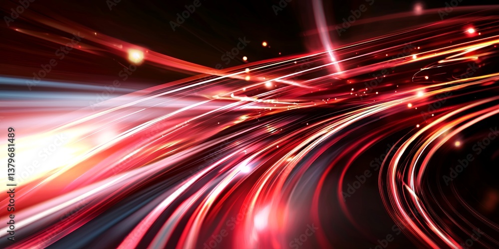 Poster A vibrant canvas of red light lines, swirling and blurring as they traverse a stark dark backdrop, symbolizing the seamless transfer of data, a futuristic and dynamic rep