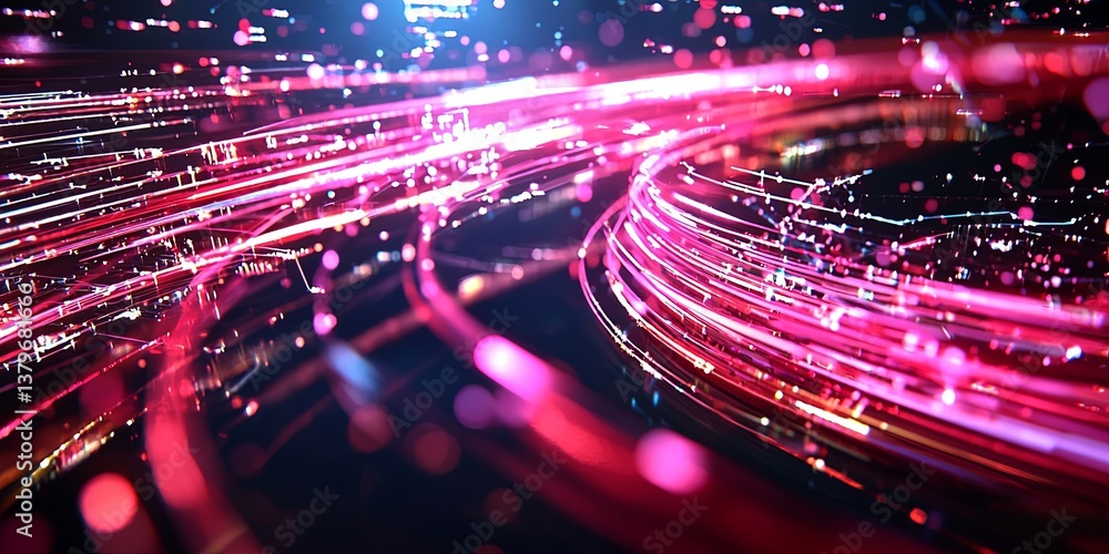Poster a vibrant canvas of red light lines, swirling and blurring as they traverse a stark dark backdrop, s
