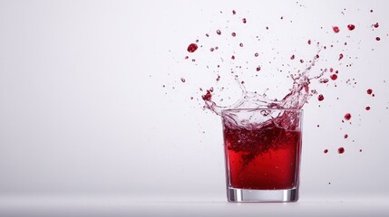 A glass of red liquid splashes dramatically against a white background, showcasing the vibrant color and movement of the drink.