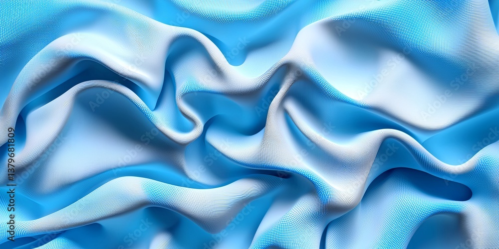 Poster A canvas of light blue, where an airy wave of flowing particles, like nebulae, danced across its surface, guided by intricate lines of dots in motion. This futuristic ill