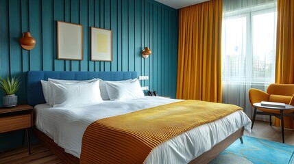 Bright modern hotel room with a blue accent wall and yellow curtains, designed for a stylish and cozy atmosphere 