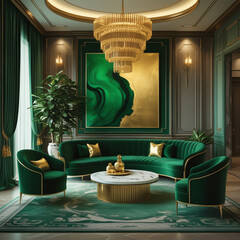 Opulent Green and Gold Luxury Living Room with Chandelier
