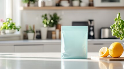 A single reusable silicone food storage bag placed on a white kitchen counter pic