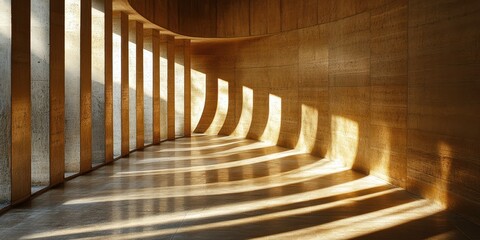 Sunlight streams through a wall, illuminating wooden columns in a building interior.