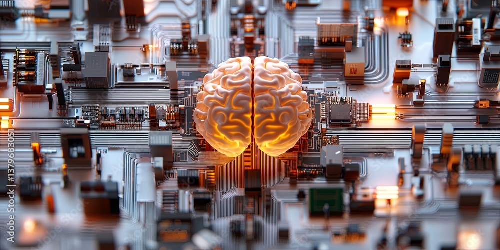 Poster A brain, a digital marvel, subtly peeks out from behind a labyrinth of intricate circuit boards, hinting at the power of generative AI that fuels it.