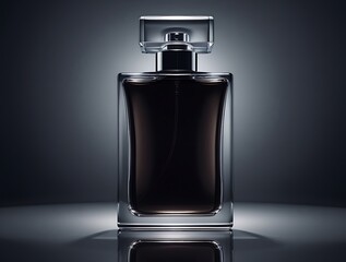 Minimalist perfume bottle with a refined shape and deep amber liquid, illuminated by soft lighting, evoking a sense of high-end beauty, fashion, and luxury fragrance branding.


