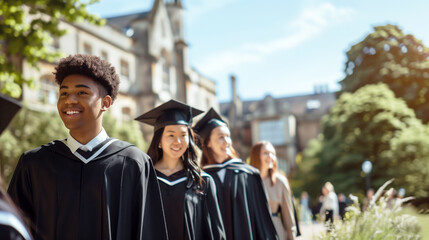 A group of graduates walking together on a beautiful university campus celebrating their future.
