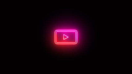 Neon glowing sign play button animation pink color on black background music play button icon animation. neon style press start icon, technology and computer concept, glowing light