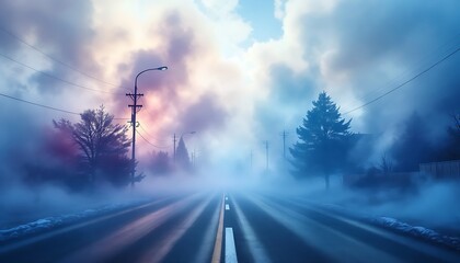 Driving Down Foggy Road with Mysterious Atmosphere and Dramatic Sky