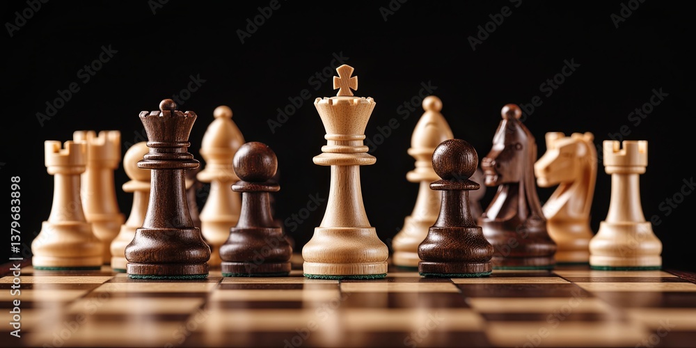 Poster a chessboard adorned with icons representing a king leading his team towards victory, symbolizing bu