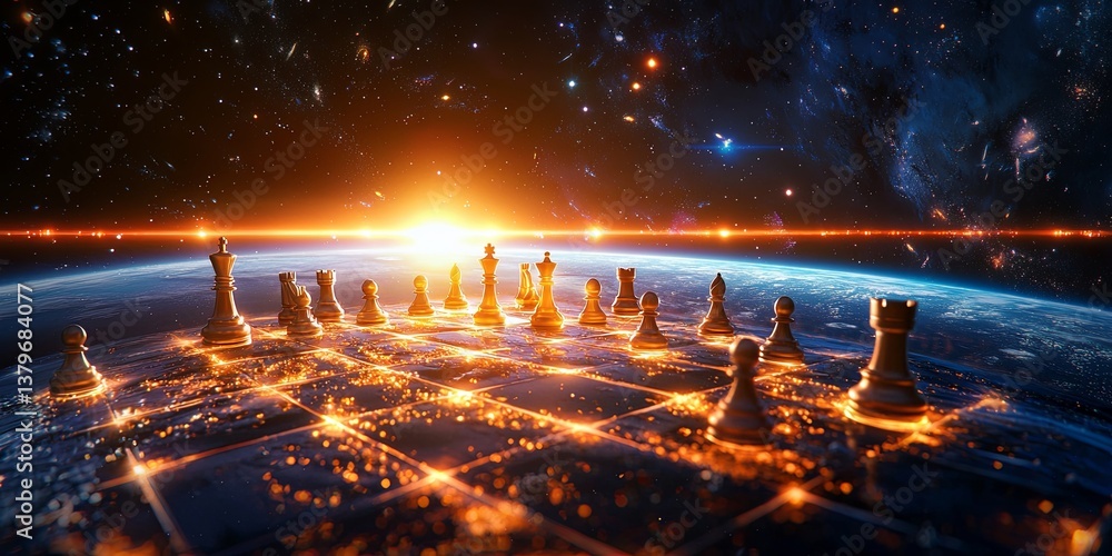 Poster a chessboard, crafted from shimmering starlight, hovered in the vast expanse of the cosmos, its squa
