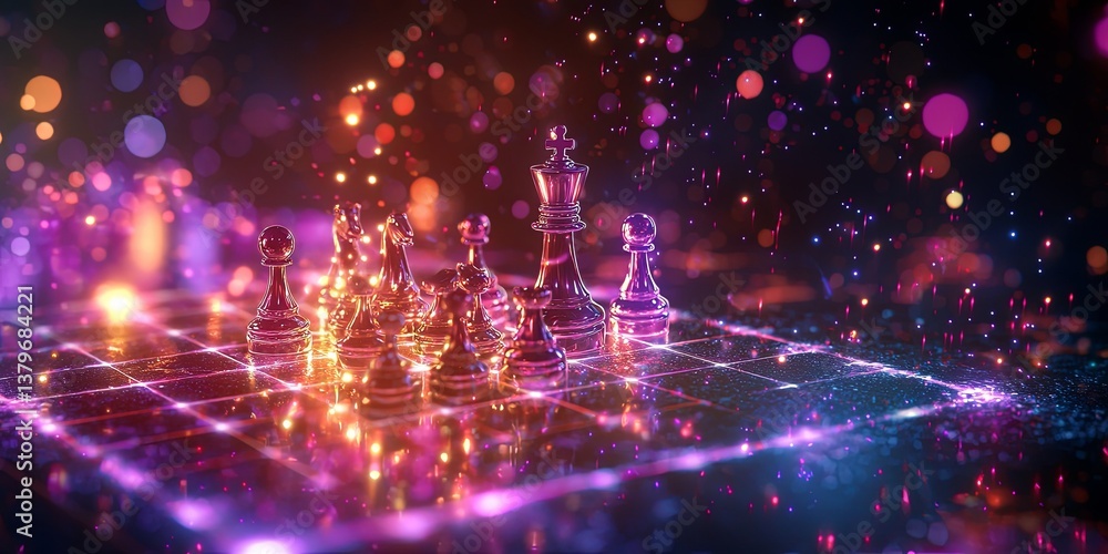 Poster a chessboard, crafted from shimmering starlight, hovered in the vast expanse of the cosmos, its squa