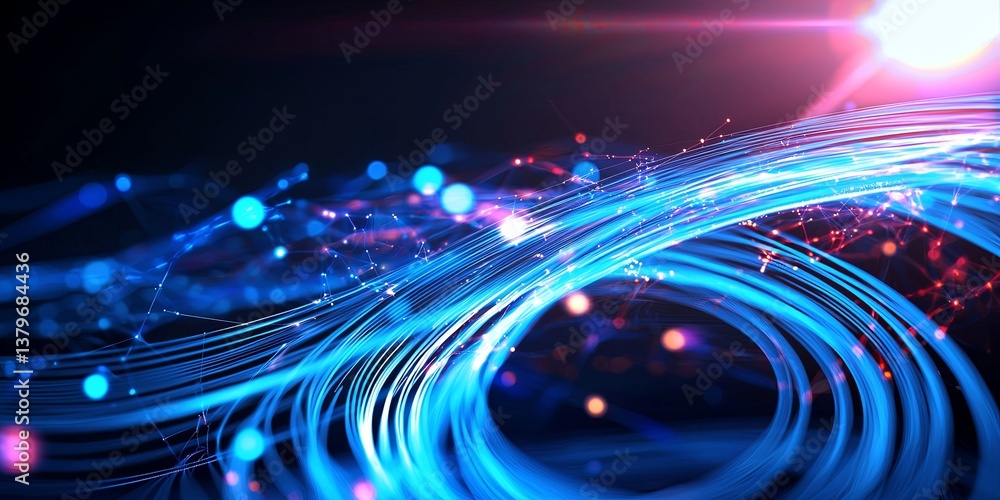 Poster A swirling, interconnected network of vibrant blue lines, representing digital communication and data flow, forms a captivating background for tech and digital design, ev