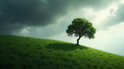 Lone green tree on grassy hill under dramatic cloudy sky with light breaking through	
