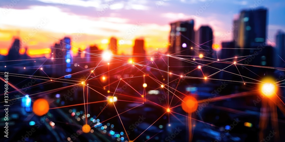 Poster A vibrant network of interconnected nodes, forming a digital tapestry of data and information, against a backdrop of a sleek, modern cityscape.