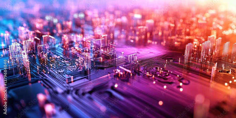 Fototapete A 3D landscape of interconnected points and lines, forming intricate patterns reminiscent of a futuristic circuit board, hinting at a vast and complex network.